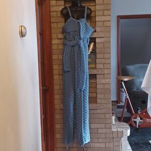 vintage hand-crocheted jumpsuit, blue, one of a kind, sz medium, handmade